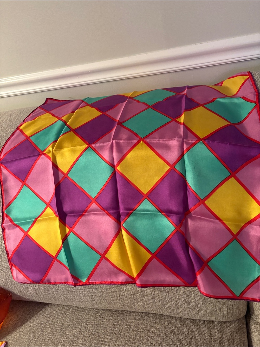 Vibrant Geometric Silk-Feel Scarf in Pink, Purple, Yellow & Teal
